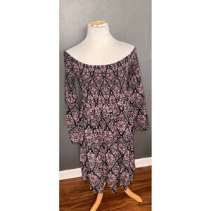 Torrid Womens Black Pink Floral Smocked Off The Shoulder Bell Sleeve Mini Dress